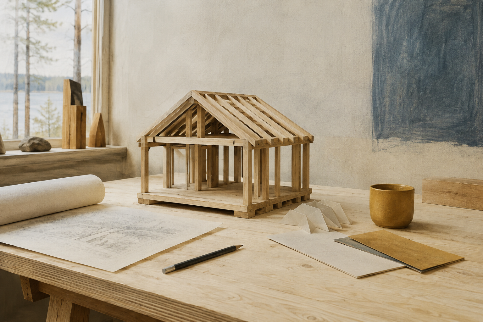 Illustrated timber cabin model and drawings on a birch workshop table