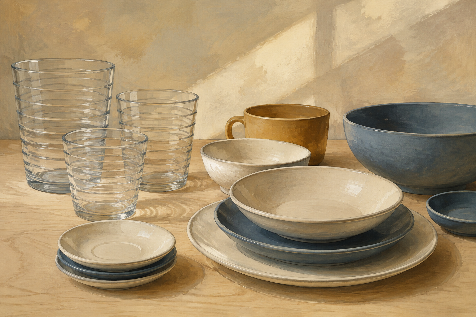 Illustrated arrangement of everyday ceramics and glasses on a wooden table